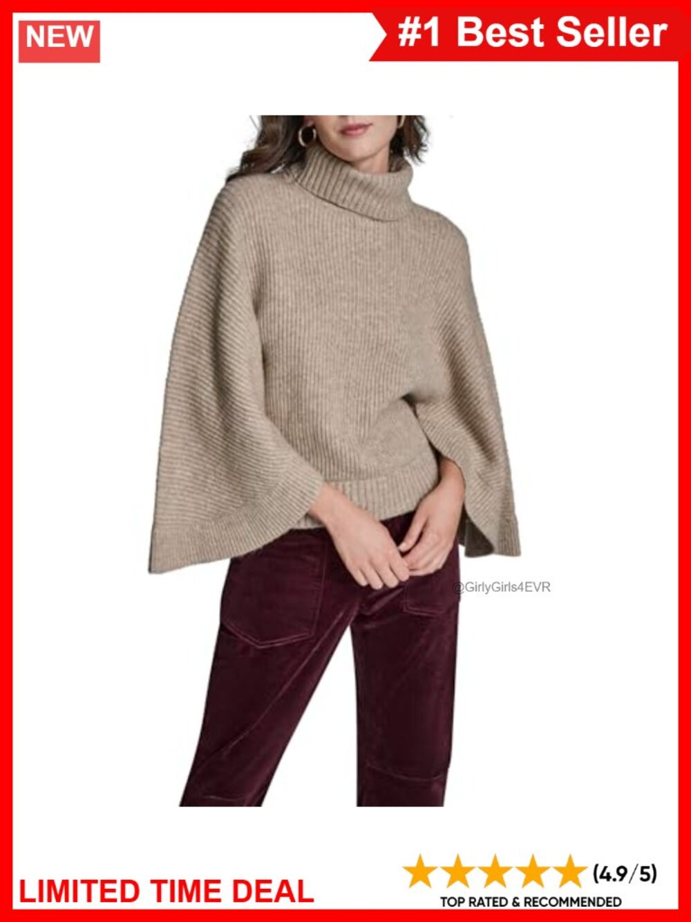 Ribbed Knit Poncho Turtleneck Relaxed Fit Sweater for Fall
